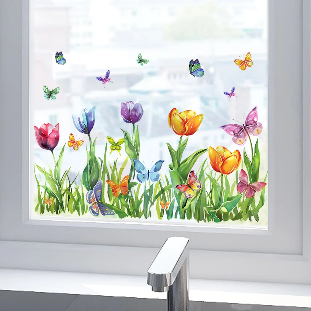 Fashionable best-selling painted tulip butterfly glass doors and Windows bedroom home beautify decorative window stickers