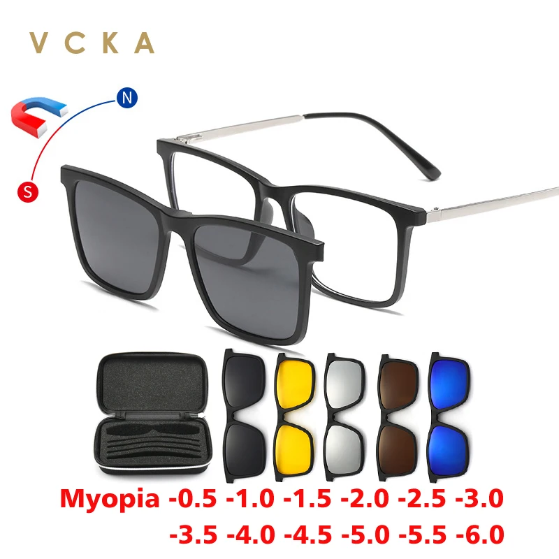 VCKA 6 In 1  Myopia Sunglasses Square Men Women Magnet Clip Polarized Optical Custom Prescription Eyewear Glasses Frame -0.5~-10