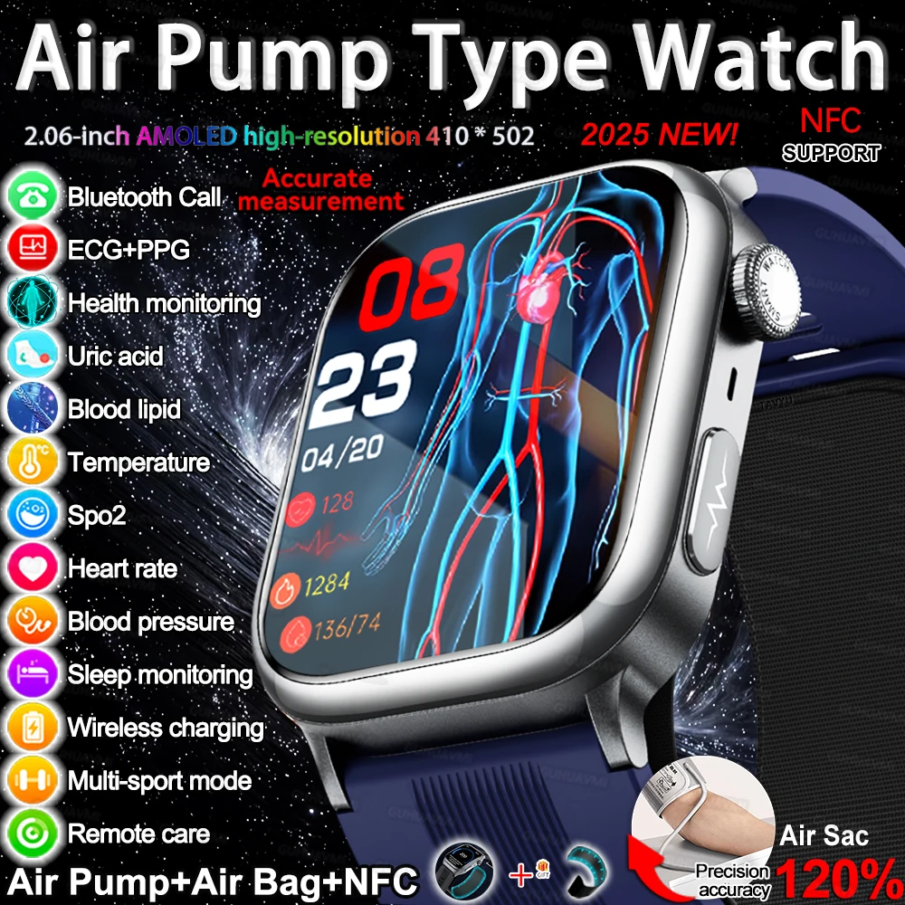 

2025 New ECG+PPG Health Smart Watch Men Air Pump+Airbag Precise Blood Pressure Blood Fat Uric Acid Heart Rate HD Call Smartwatch