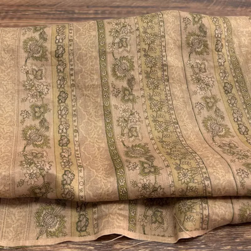 

1yard High end pure flax tecidos fabric for clothing Striped flowers printing telas shirt dress cheongsam fabric