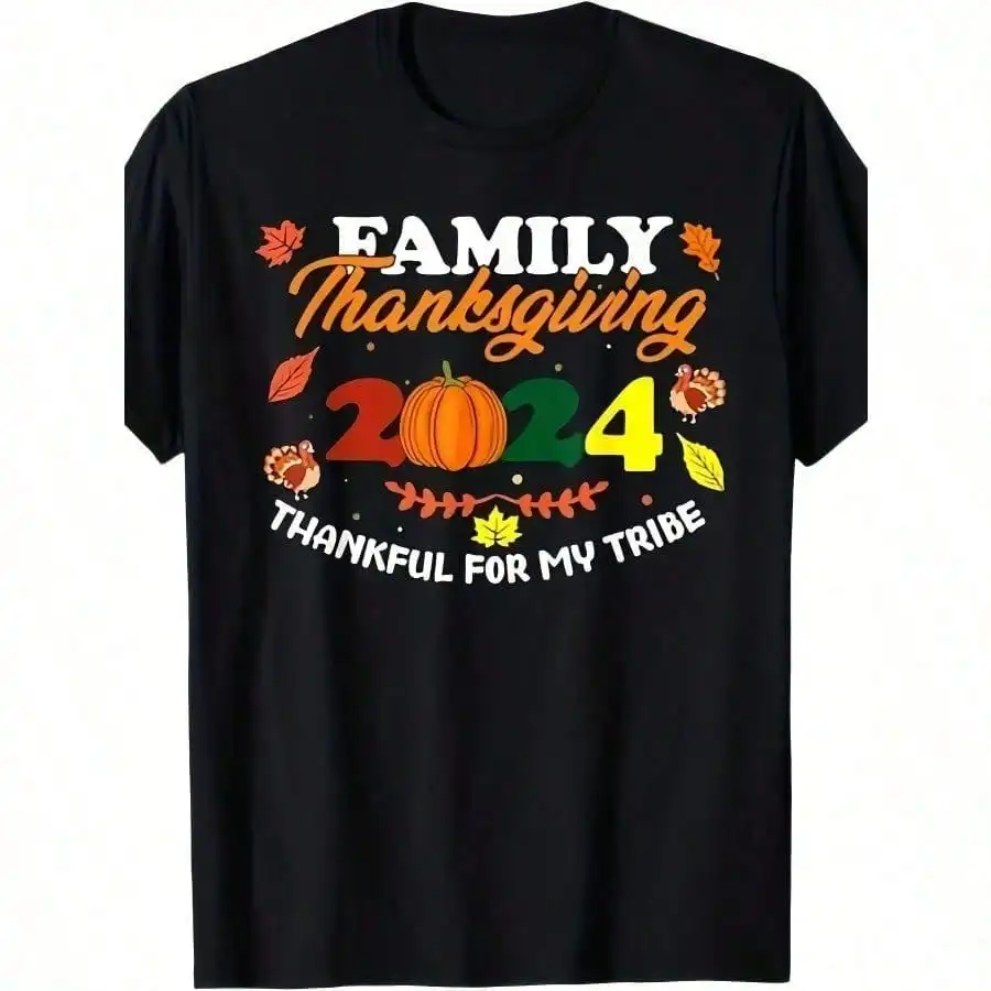 تي شيرت الخريف Thanksful For My Tribe - تصميم عيد الشكر العائلي 2024، 220 جرام، مريح، رقبة دائرية،