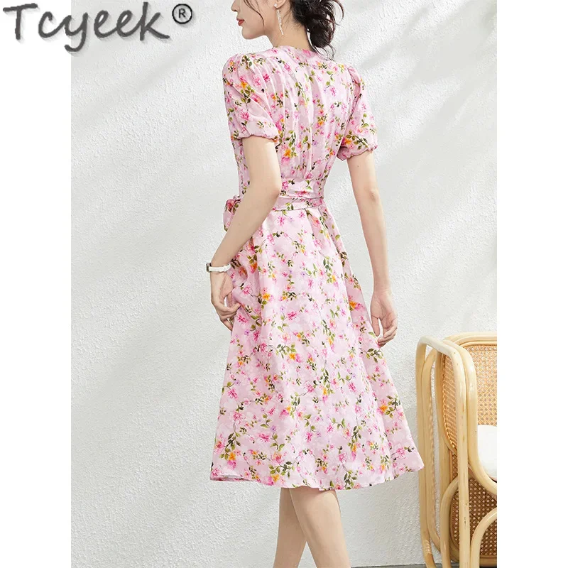 100% tcyeek echte Maul beers eide Kleid Frauen kleider Slim Fit Mode Sommer Schnürung elegante Damen kleider Französisch