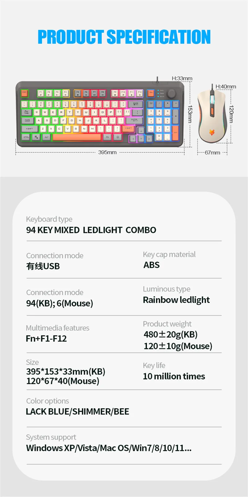 Imagem -05 - Conjunto de Teclado e Mouse Russo K820 Teclado com Fio Cores Led Iluminado Teclado de Computador Novo 94