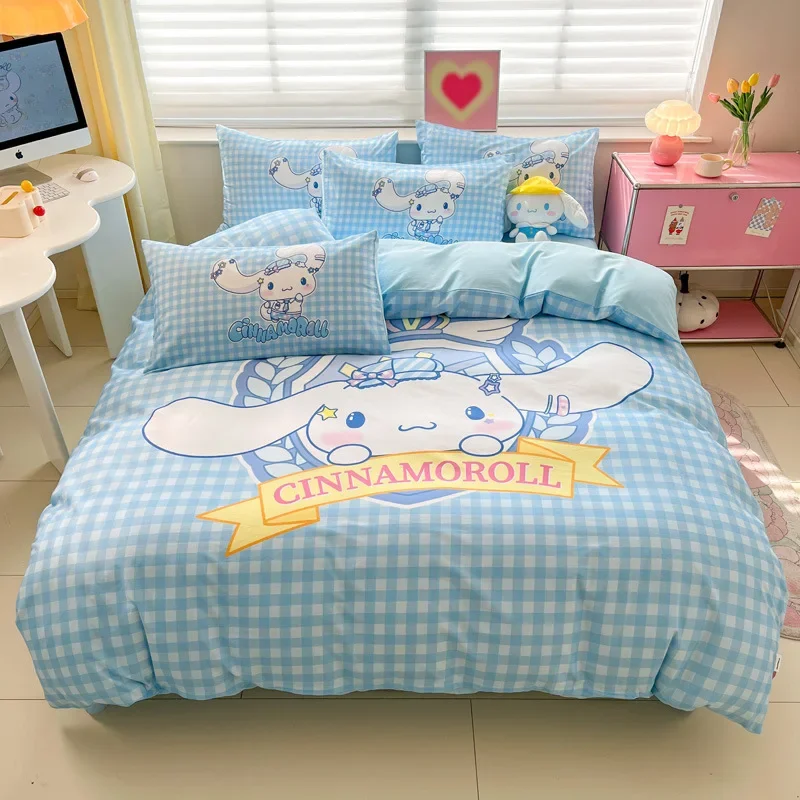 4-piece Set of Sanrios Cartoon Kuromi Pure Cotton Duvet Cover Bed Sheet Cute Hello Kittys Anime Print Family Dormitory Girl Gift