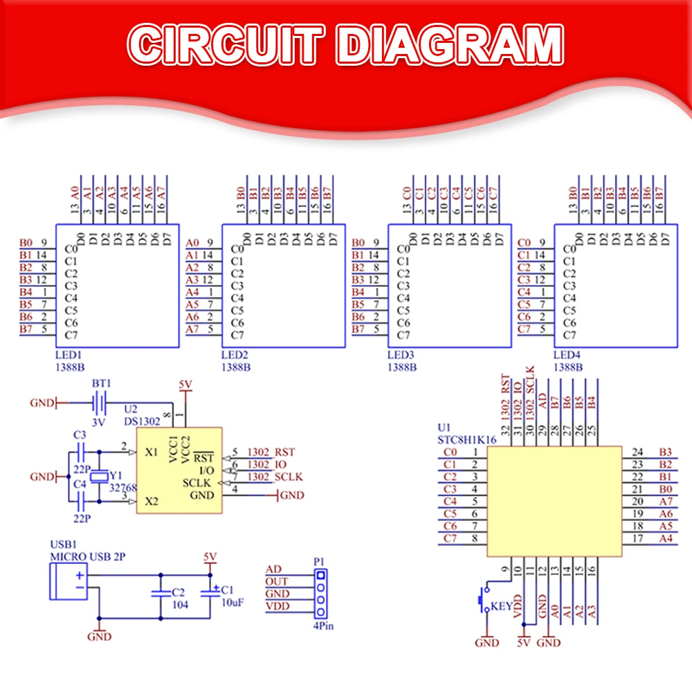 DIY LED Music Spectrum DS1302 Zegar z matrycą punktową Elektroniczny zestaw lutowniczy Rhythm Light USB Power DC5V z mikro kablem — zdjęcie produktu 5