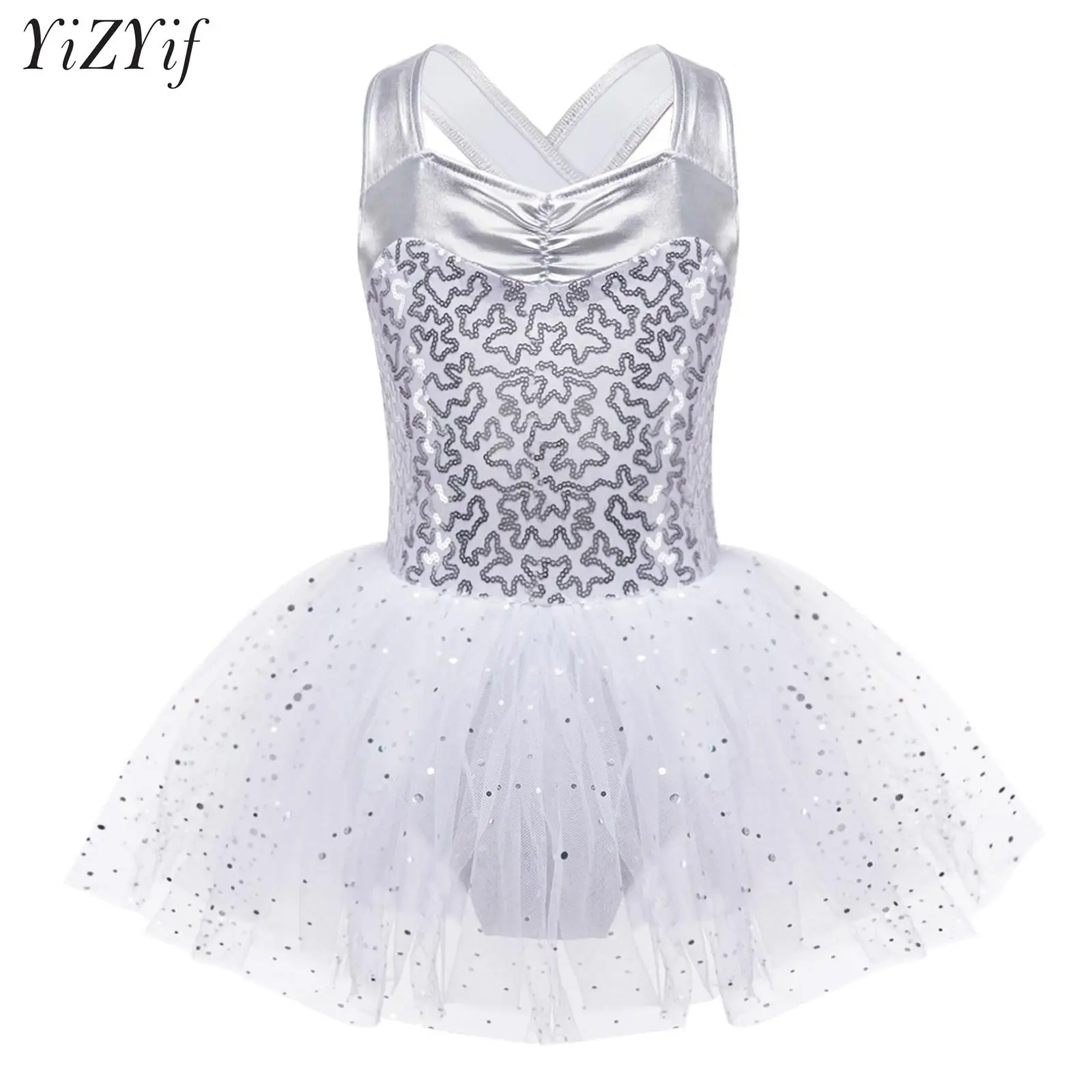 

Kids Girls Sequins Criss Cross Back Princess Mesh Fluffy Dress Ballet Dance Tutu Skirted Leotard Stage Performance Costumes