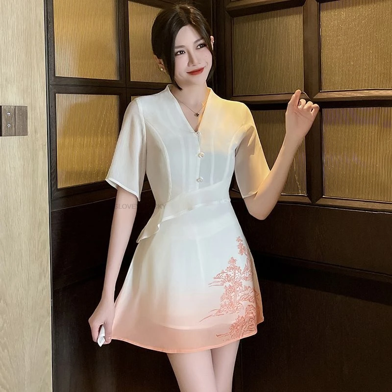 

Female Improved Graceful Chiffon Slimming Short Cheongsam Set Spa Beauty Hotel Technician Women Work Clothes Uniform Set