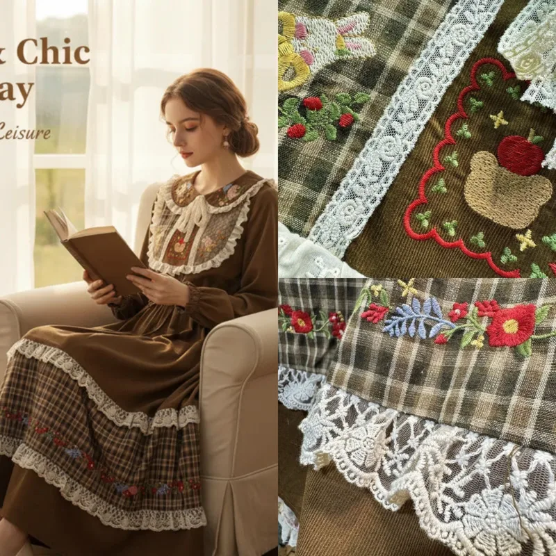 

Corduroy Mini Dresses Brown Midi Dresses Y2K Doll Collar Dresses Autumn Winter Long Sleeve Waist Loose Plus A-Line Dresses New