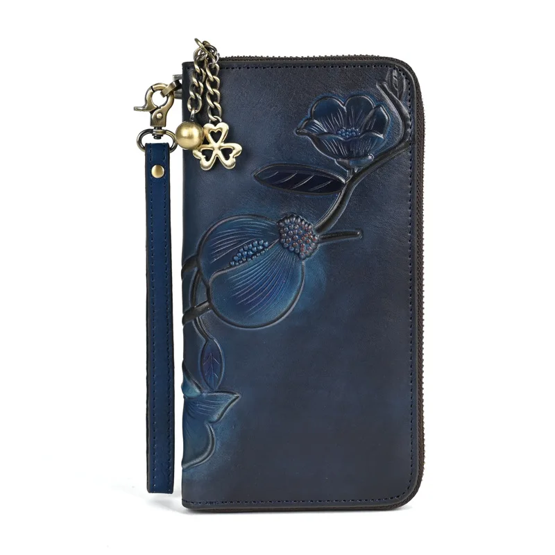 Big Cowhide Card Holder Clutch Bag Long Zipper Floral Ladies Leather Purse Vintage Genuine Leather Wallet Women