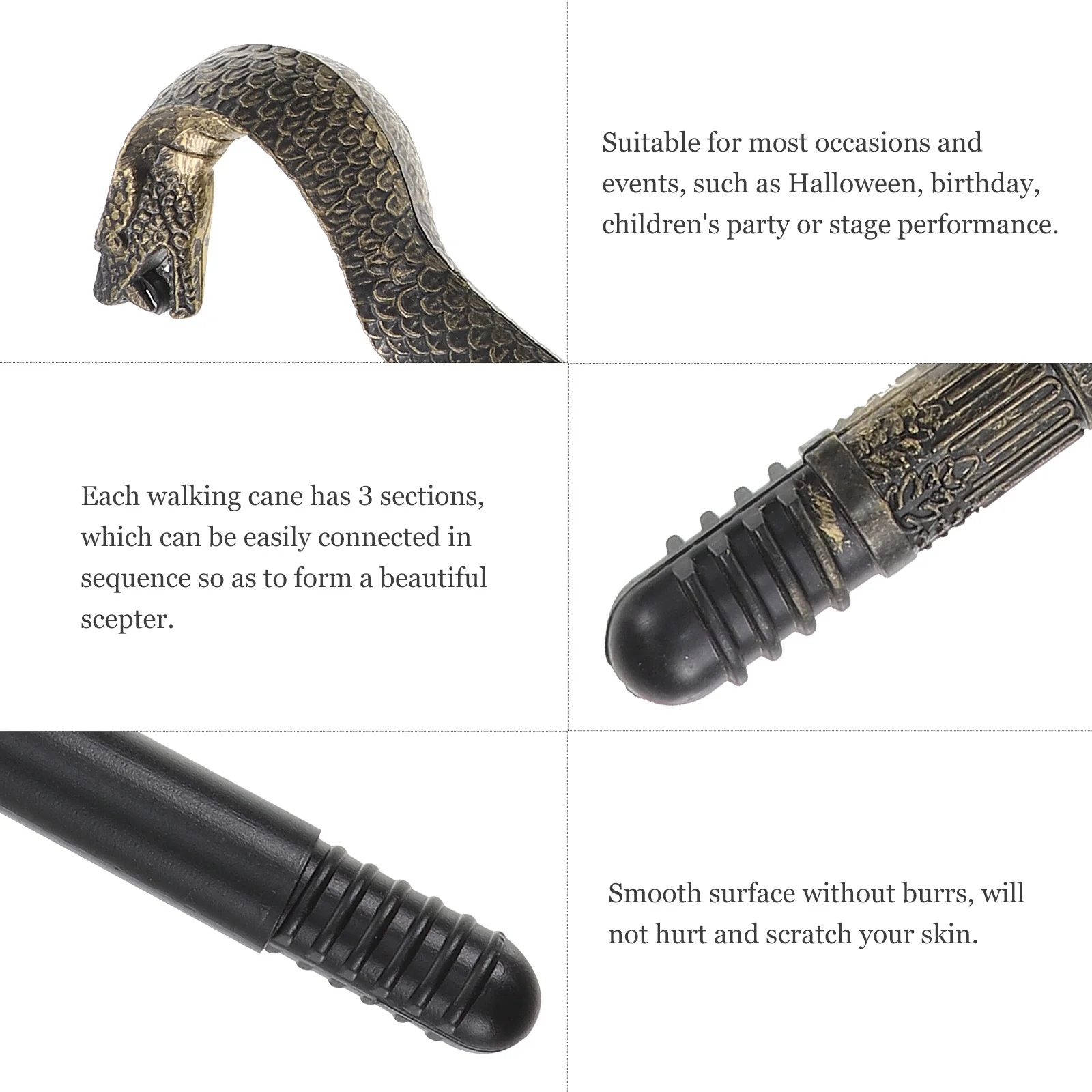 2Pcs Snake Head Scepter Costume Walking Canes Halloween Party Accessory Three Section Prop Stick Role Play Costume Walking Cane