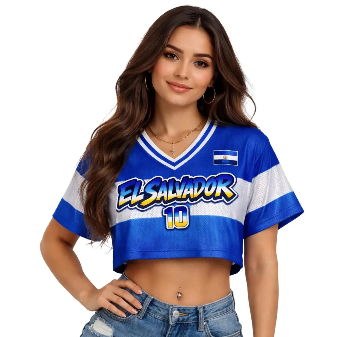 El Salvador Soccer Crop Top Jersey Custom Name Number Women Mesh Football Fan Shirt, Women's Sports T-Shirts Gift