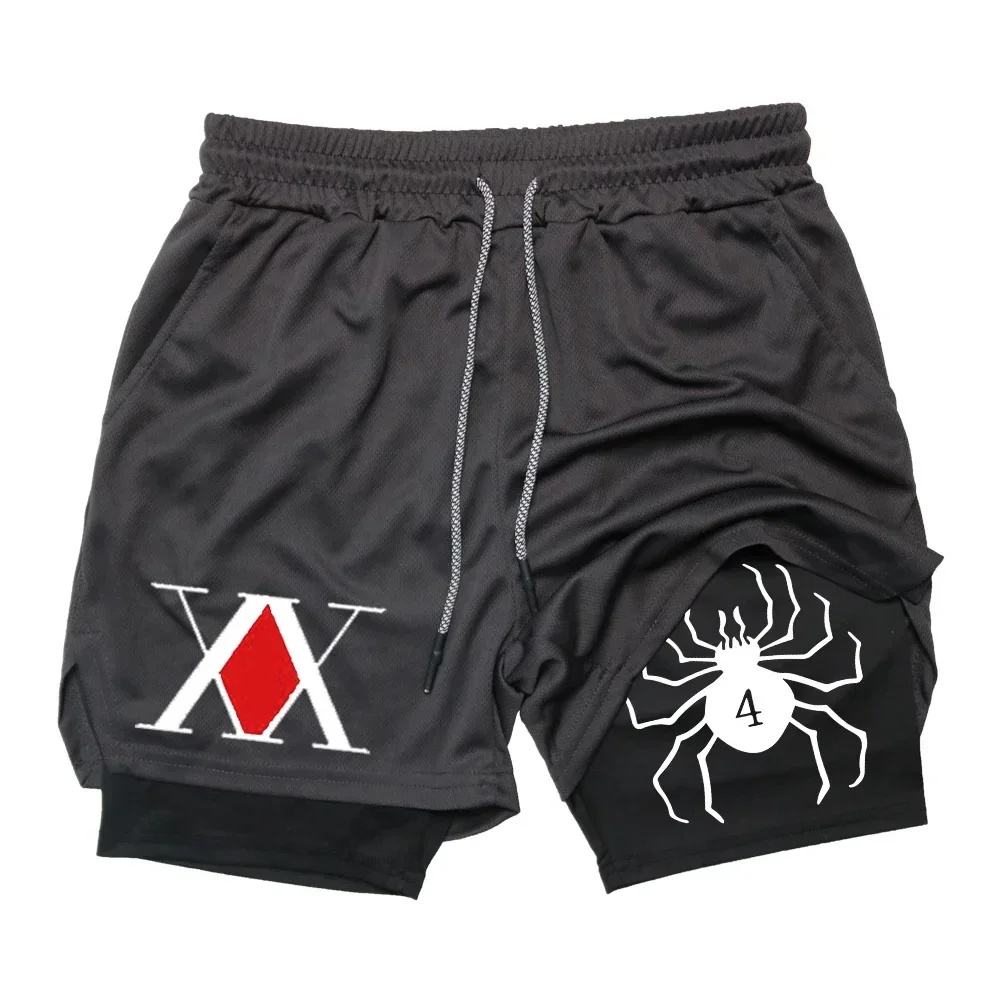 Trendy men's anime hunter print double-layer 2-in-1 breathable quick drying sweat absorbing sports shorts fitness jogging pants