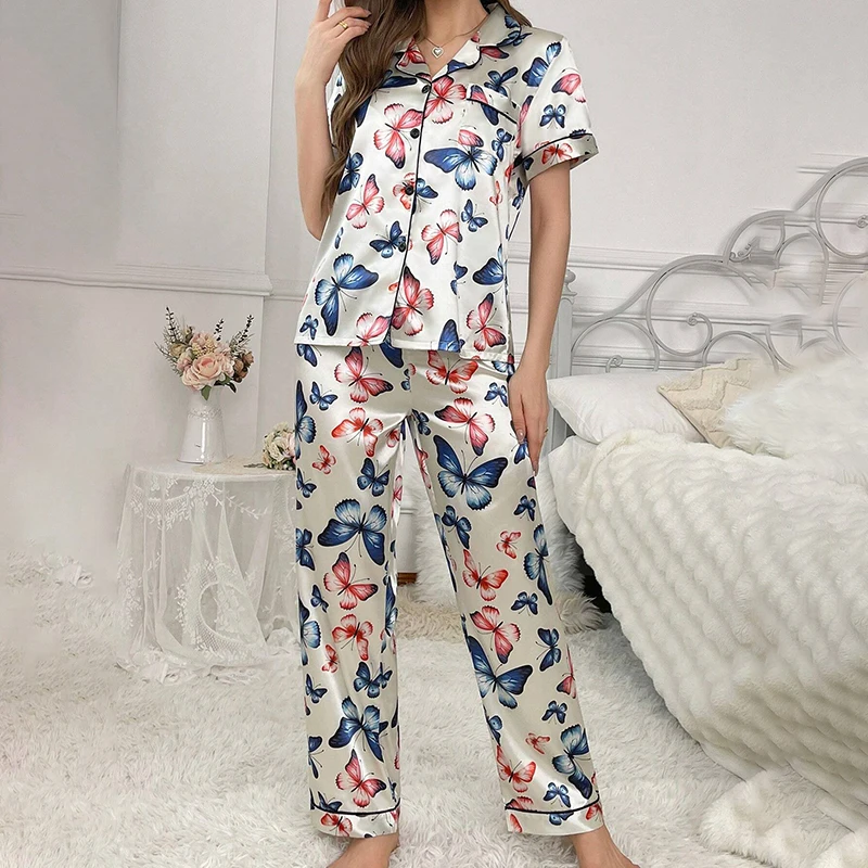 Women\'s Butterfly Print Satin Elegant Pajama Set Short Sleeve Buttons Lapel Top With Pants Loungewear 2 Piece Nightgown Nighty