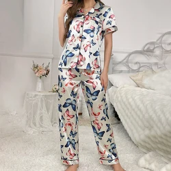 Women's Butterfly Print Satin Elegant Pajama Set Short Sleeve Buttons Lapel Top With Pants Loungewear 2 Piece Nightgown Nighty