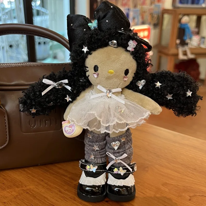 Lindo edición de alta costura Kitty con piernas largas pelo largo y rizado llavero de felpa muñeco de peluche DIY patas largas con tachuelas de diamantes KT