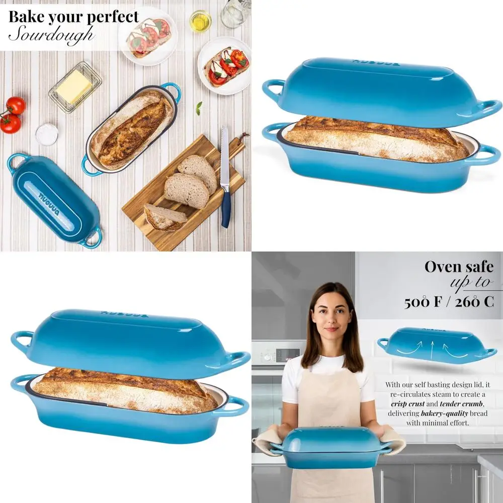 

Светло-голубая чугунная форма для выпечки хлеба с антипригарным покрытием, 34 см x 16 см, идеально подходит для выпечки в голландской печи или на закваске.