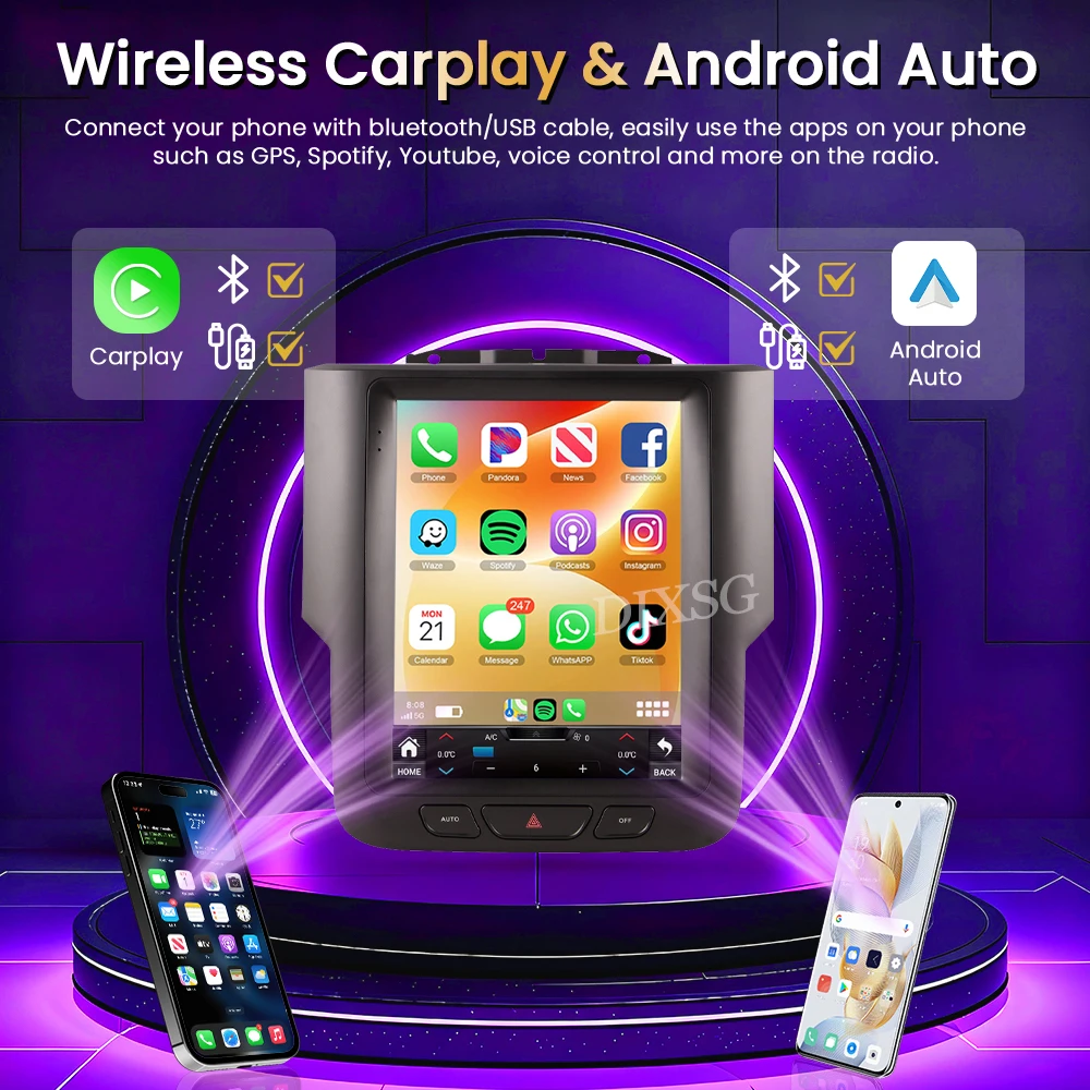 Android 15 Wireless CarPlay For Dodge RAM 2011-2019 Car Radio Stereo Tesla Screen Multimedia Video Player GPS Navigation 4G WIFI