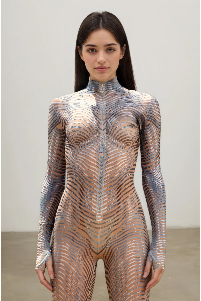 Damen Fleischfarbener Tribal-Bodysuit Geometrischer Festival-Rave-Bühnenshow-Aerial-Yoga-Anzug Hochhals Vollständiger Halloween-Cosplay-Catsuit – Detail 2