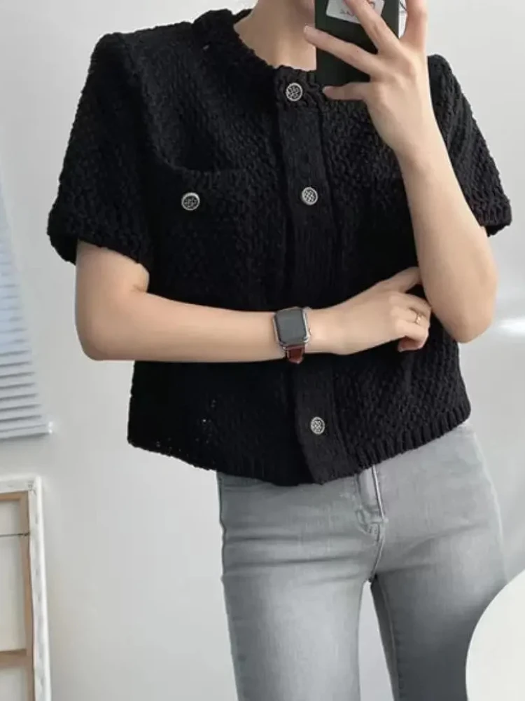 

Korean Cardigan Women Clothing Short Sleeve Single Breasted Sweater O Neck Knit Black Tops 2025 Fashion White Coat Femme