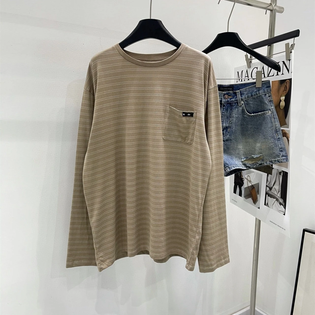 

Свободная длинная футболка Sve, женская однотонная полосатая футболка с логотипом, плоское плетение, весенняя новая винтажная полосатая футболка Sle для поездок на работу