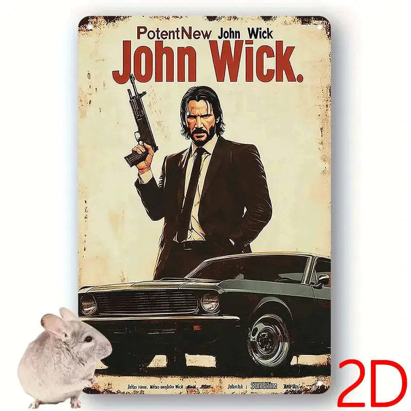 John Wick Vintage Metal Wall Art Sign -  Retro Tin Decor with Classic Car & Rabbit Design, Perfect for Home, Office, Bar, or Caf