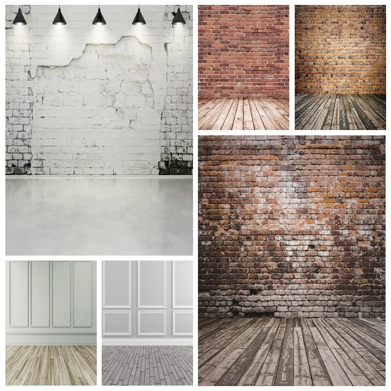 White Brick Wall Wooden Floor Photography Backdrop Baby Pet Cake Smash Portrait Photocall Photo Background