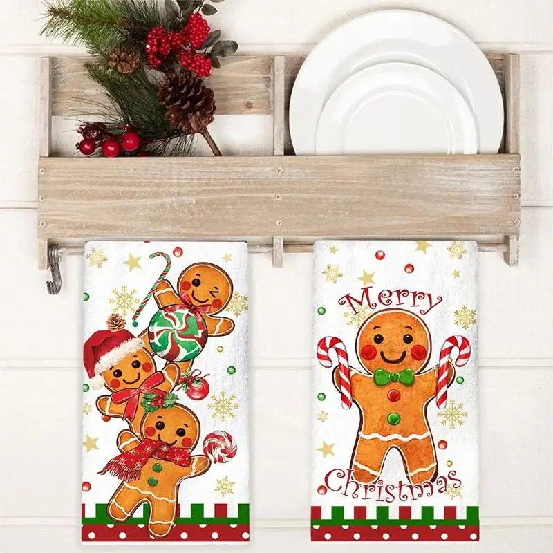 2PCS Christmas Hand Towel Polyester Soft Absorbent Hand Towel Christmas Hand Towel Christmas Theme Printed Hanging Towel Home
