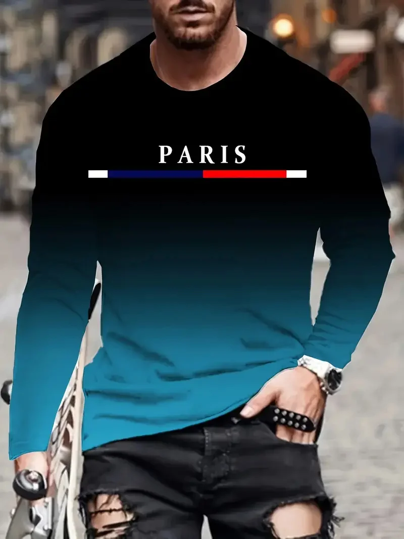 Men\'s gradient color Paris pattern printed T-shirt fashion casual long sleeved round neck outdoor sports T-shirt men\'s clothing