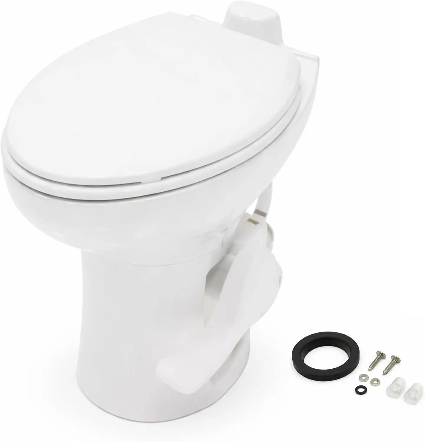 Porcelain RV Toilet with Elongated Bowl, 19” Residential Height, Gravity Flush, Foot Pedal Flush, Soft Close Seat, Easy Install,