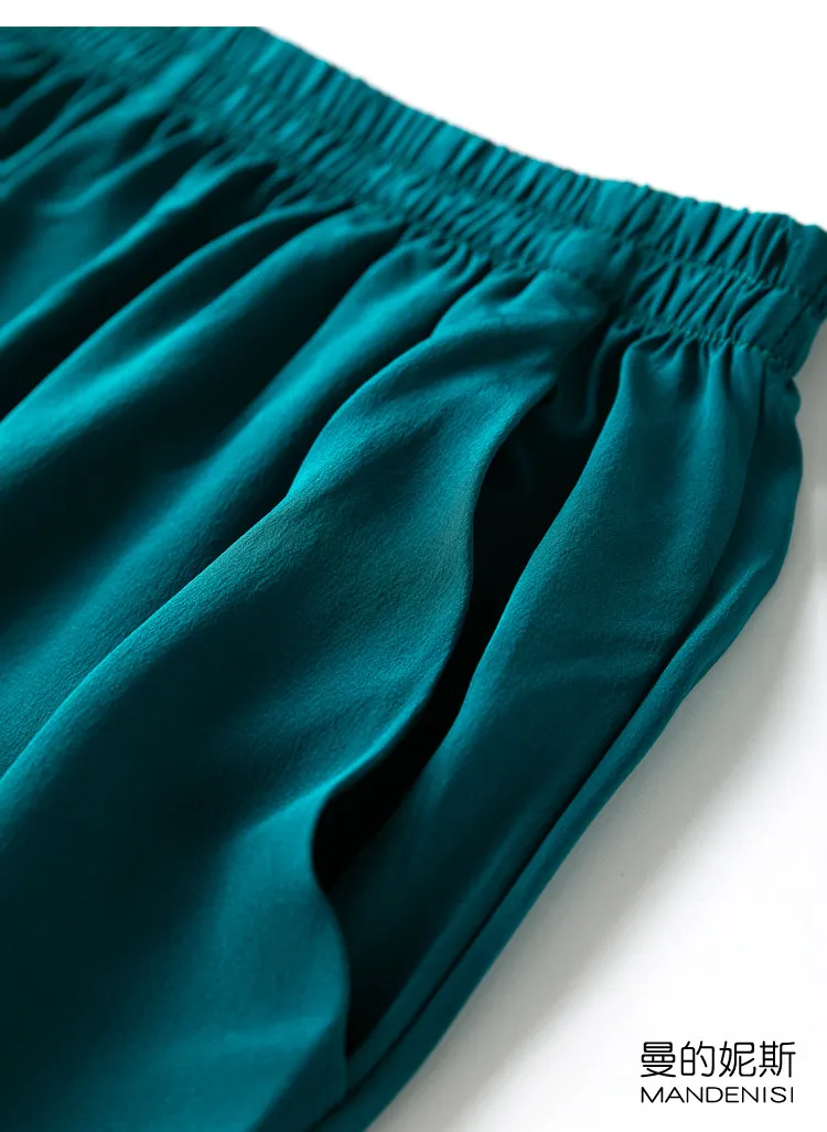 Tcyeek 100% Natural Silk Pants Women Summer Clothes Casual Elastic Waist Wide Leg Pants Solid Color Woman Trousers Streetwear
