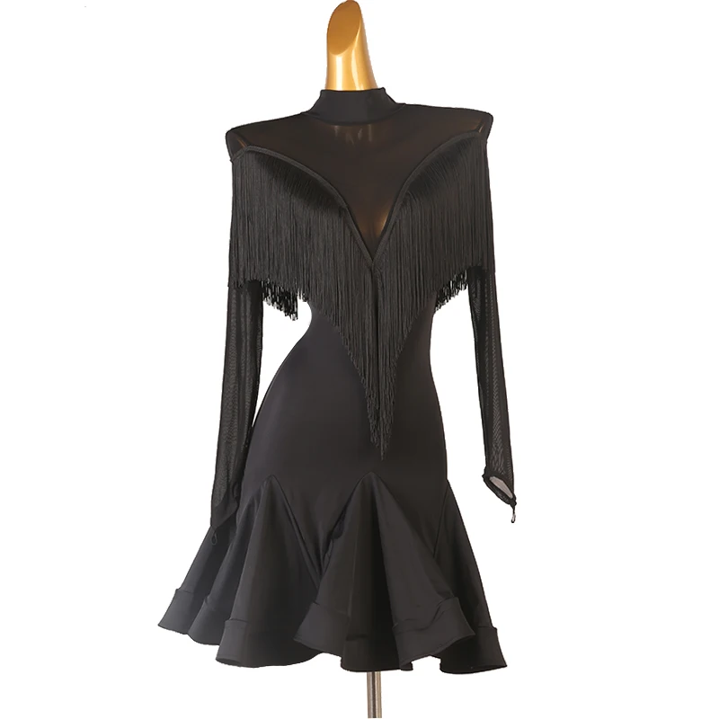 

Long Sleeves Backless Tassel Women Latin Dance Dress For Competition Samba Dance Clothes Salsa Dress Night Dress