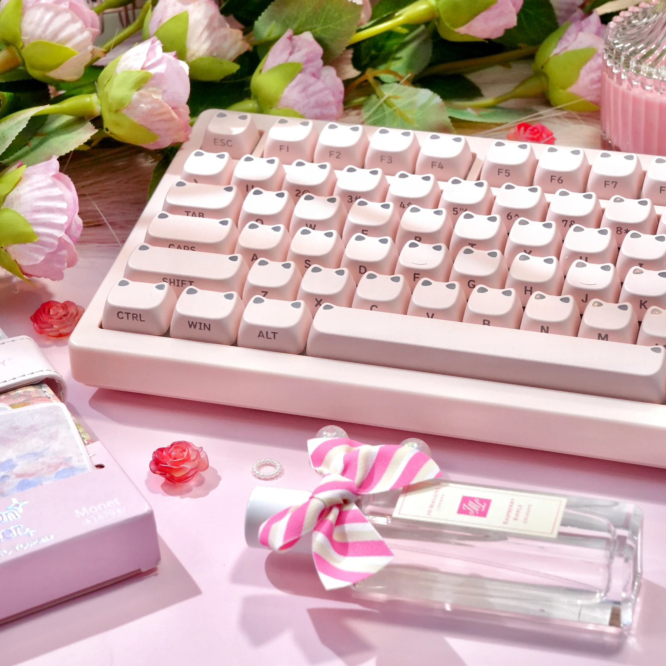 Pink Cute Cat Ear Side-lit Shine Through Keycap MAO Profile Double Shot PBT Keycaps for Cherry MX Switches Mechanical Keyboard