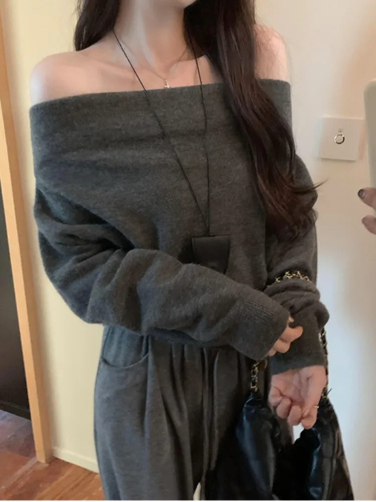 한국 슬레 레이지 대각선 어깨 스웨터 여성용 가을 겨울 신상 고급 감성 슈퍼 아름다운 이너웨어 아우터웨어...