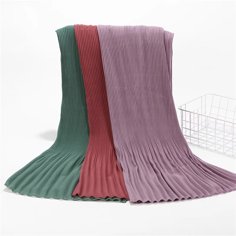 Big Size Pearl Chiffon Scarf Solid Color Pleated Stripe Headwear Scarves Women Muslim Hijab Head Wrap Plain Travel Shawls