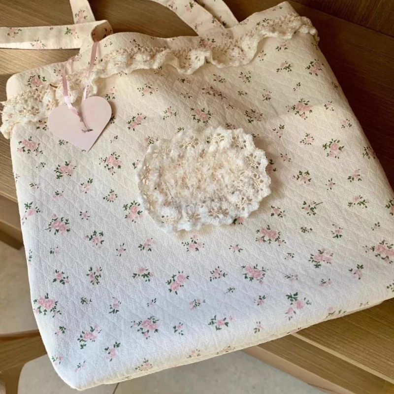 Korean Ins Sweet Flower Print Shoulder Handbags Women All Match Canvas Underarm Bag Casual Y2k Aesthetic Tote Bags High-capacity