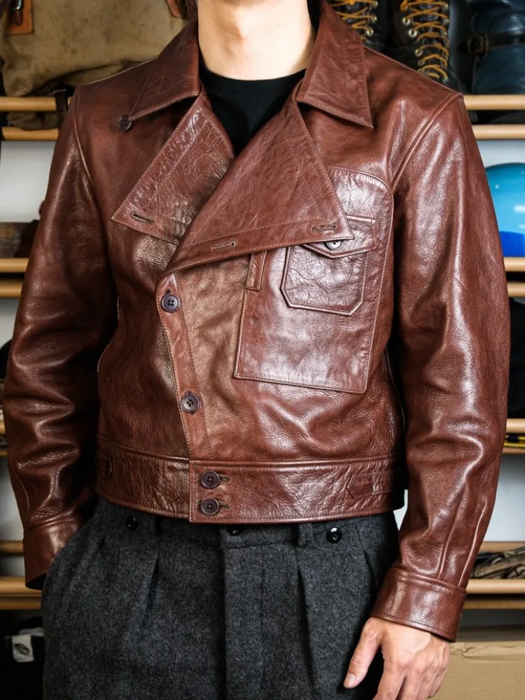Leisure Male Turn Down Collar Single-Breasted Genuine Leather Jacket Solid Color Horsehide Long Sleeves Men Straight Outerwear