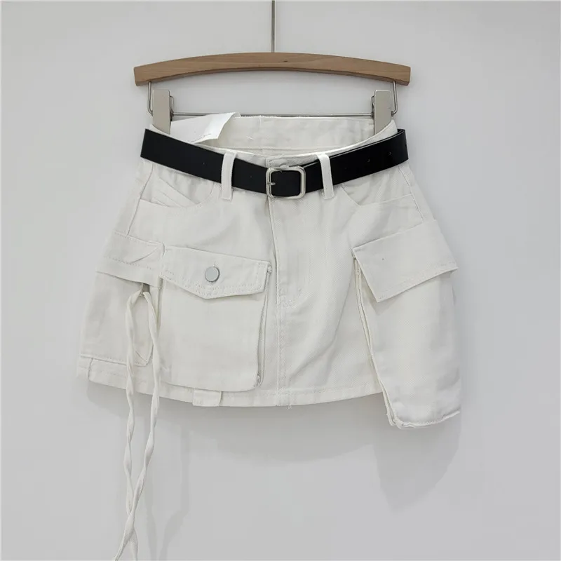 Irregular overalls denim short skirt women's high waist spring and summer girl pocket skirt