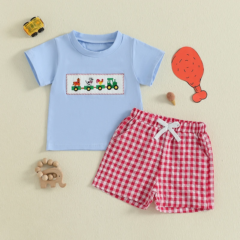 

Toddler Boys Summer Outfits Farm Animals Embroidery Short Sleeve T-Shirts Elastic Waist Shorts 2Pcs Clothes Set