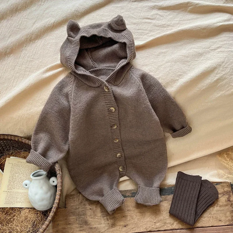 

Infant Autumn&Winter Costumes Baby Bodysuit 0-24 Month Newborn Baby Romper Knit Boys Girls Cute Ears Solid Hooded Knit Clothes