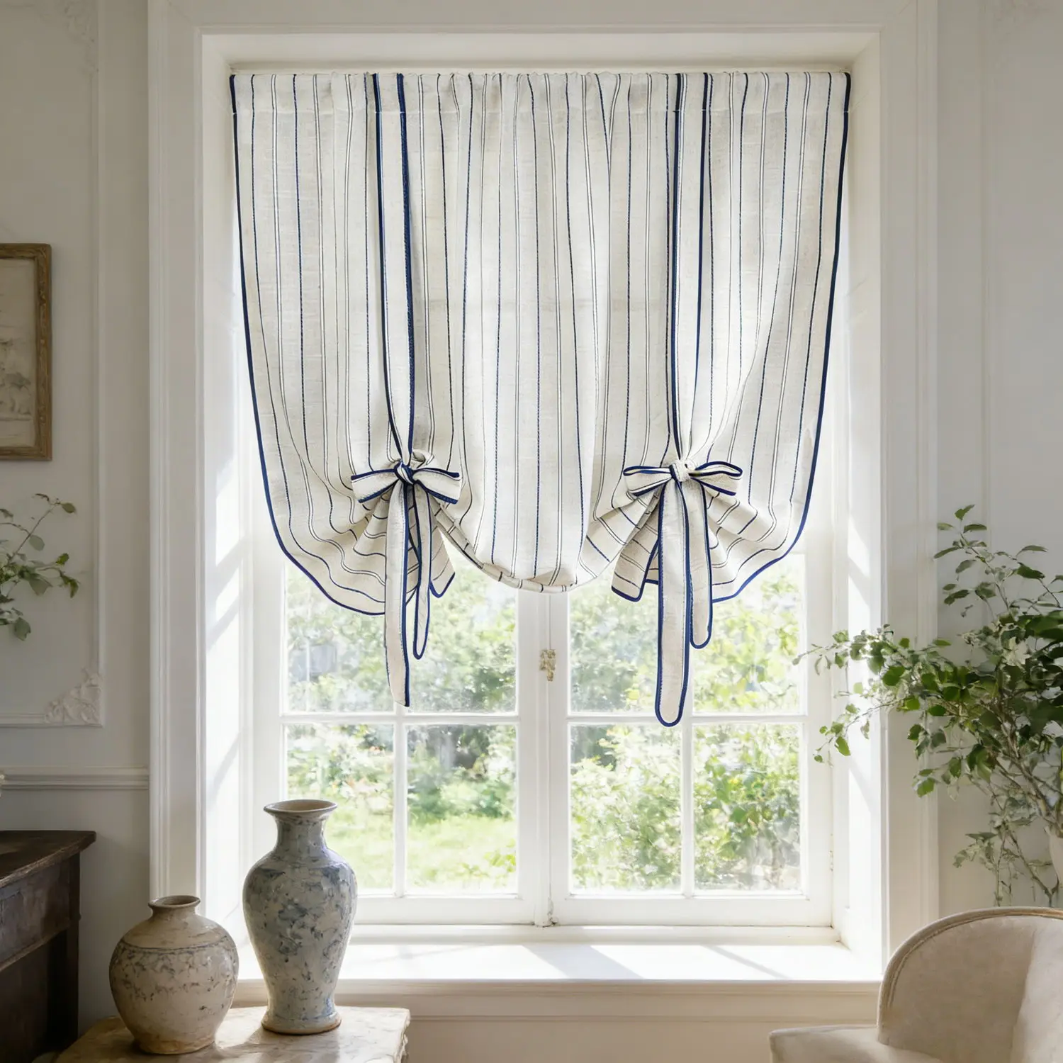 Blau-weiß gestreifter Bindevorhang, leinenähnlicher transparenter Voile-Vorhang für Wohnzimmer, Schlafzimmer, kleines Fenster, Heimdekoration