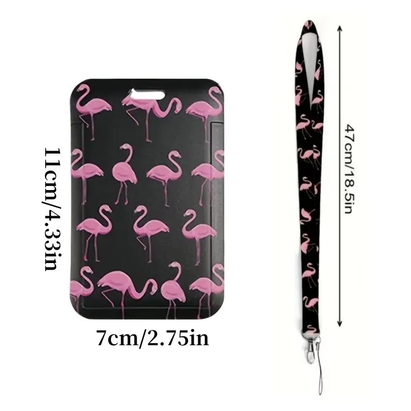 Flamingo Print Adjustable Necklace and Keychain - Black with Pink Flamingo Design, Durable Fabric with Metal Clasp