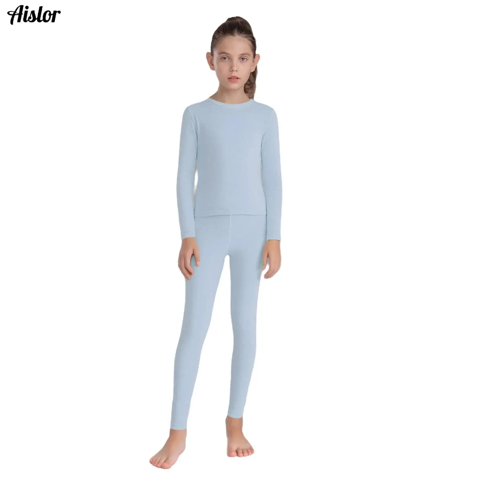 Kids Girls Boys Thermal Underwear Set Solid Color Sleepwear Homewear Loungewear Round Neck Long Sleeves Top with Pants 2Pcs/Set