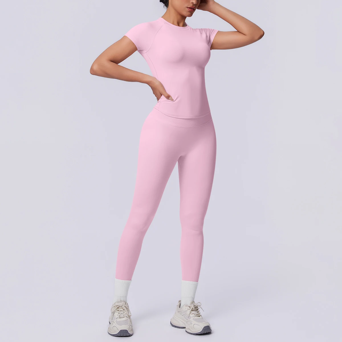 Rooftrellen New 2PCS/set Yoga Set Summer Quick Drying Fitness Sports Workout Top T-Shirt High Stretch Seamless Yoga Leggings Set - view 2