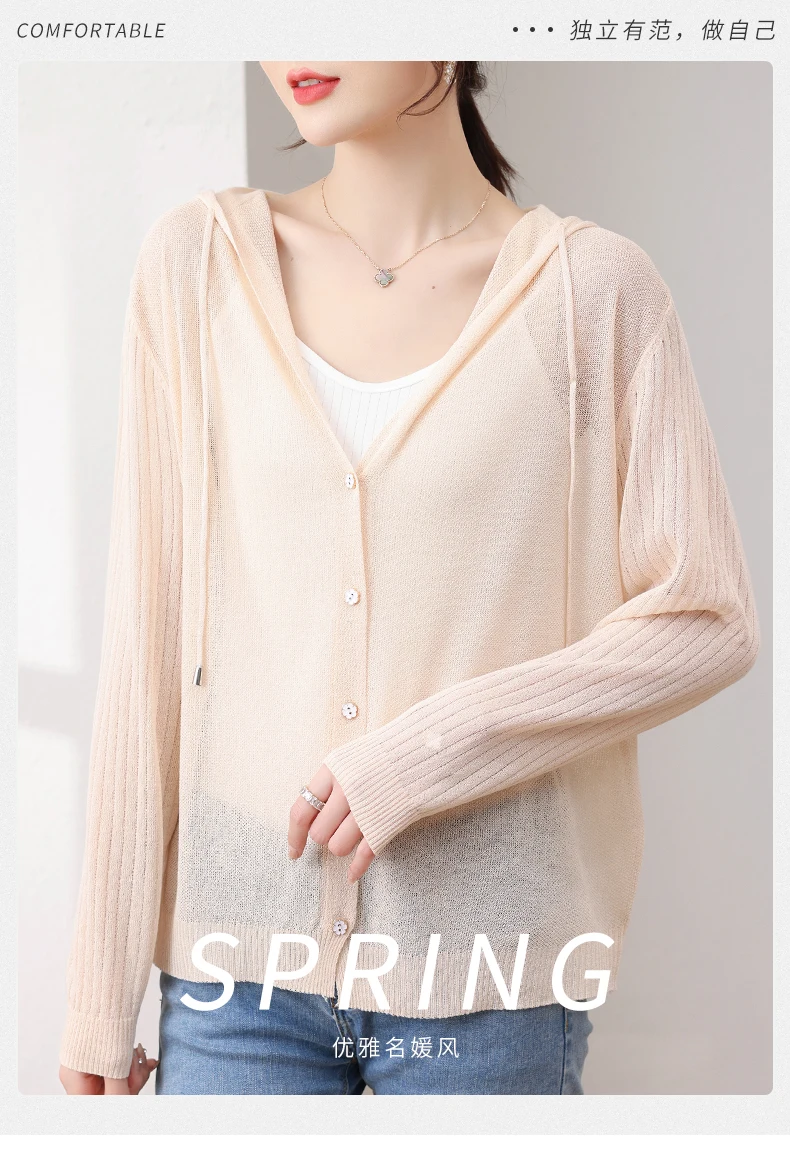 High Quality Ice Silk Sunscreen Sweater Knitted Cardigan for Women's Summer 2024 New Outerwear Thin Hooded Jacket