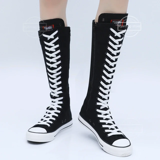 Boots Women Sneakers Canvas Casual High Top Shoes Long Boot Lace-Up Zipper  Comfortable Flat Boot Sneakers Tenis Feminino