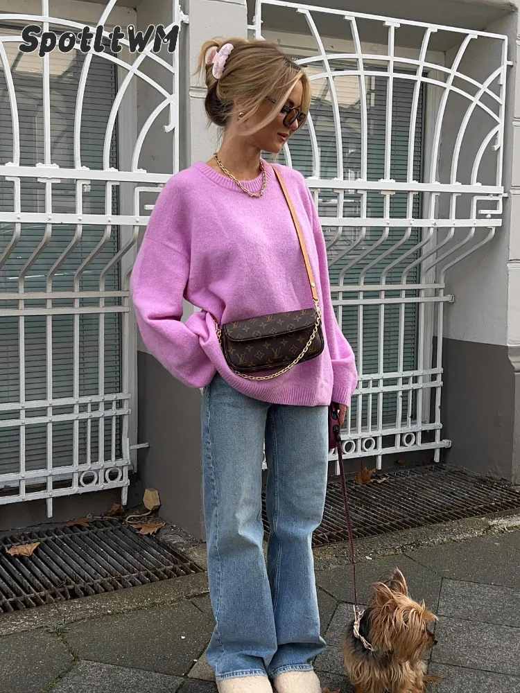 Casual Long Sleeved Loose Pink Knitted Pullover Autumn Chic O-neck Solid Women Sweater 2024 New Minimalist Style  Street Jumper