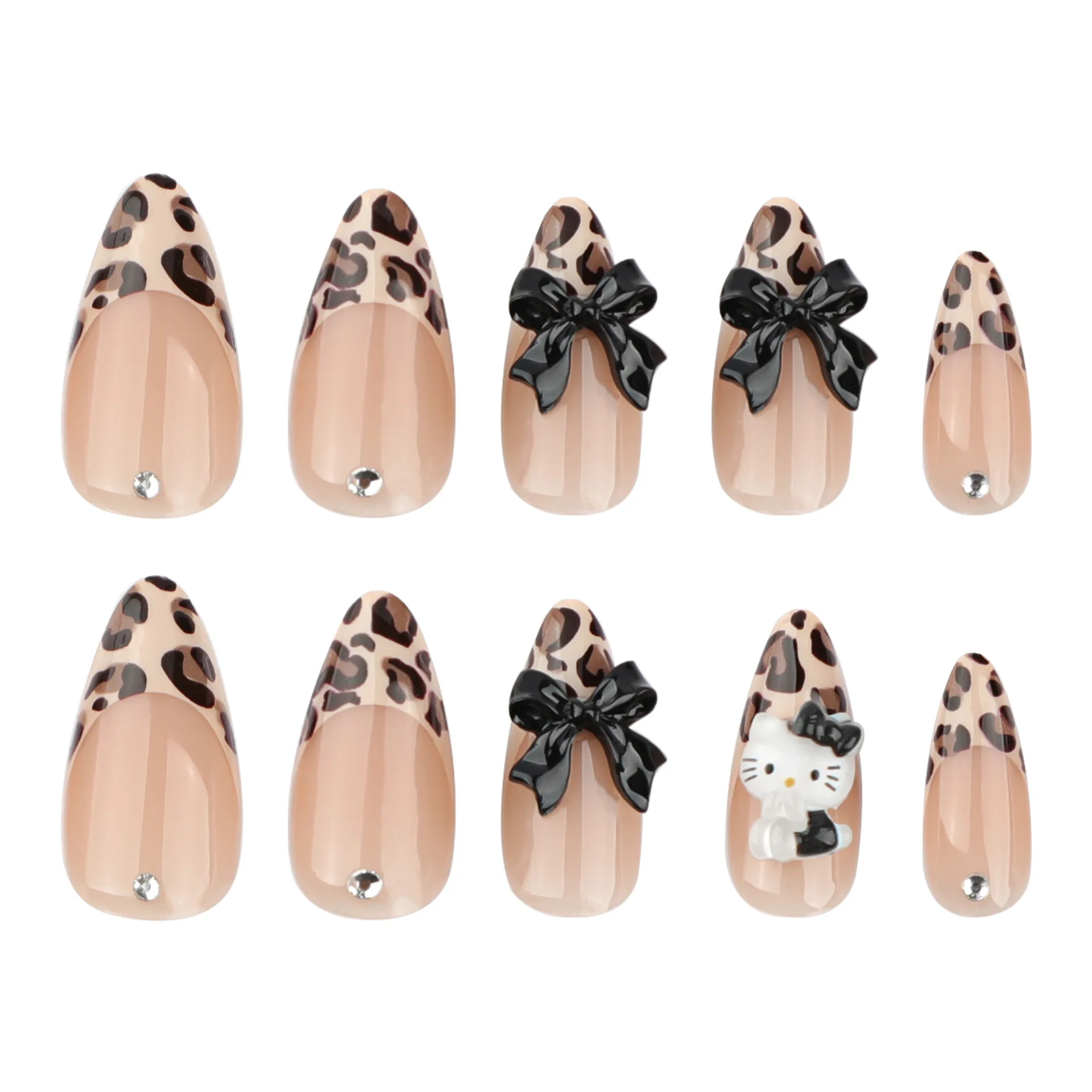 24pcs Brown Leopard print Fake Nails With Black Bow Design French False Nails Full Cover Wearable Cute Cat Korean Press on Nails