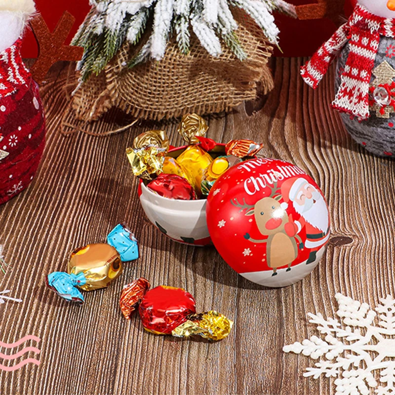 Christmas Candy Box Santa Printing Round Ball Shaped Mini Tin Box Round Empty Case Candy Storage Case Xmas Tree Hanging Balls