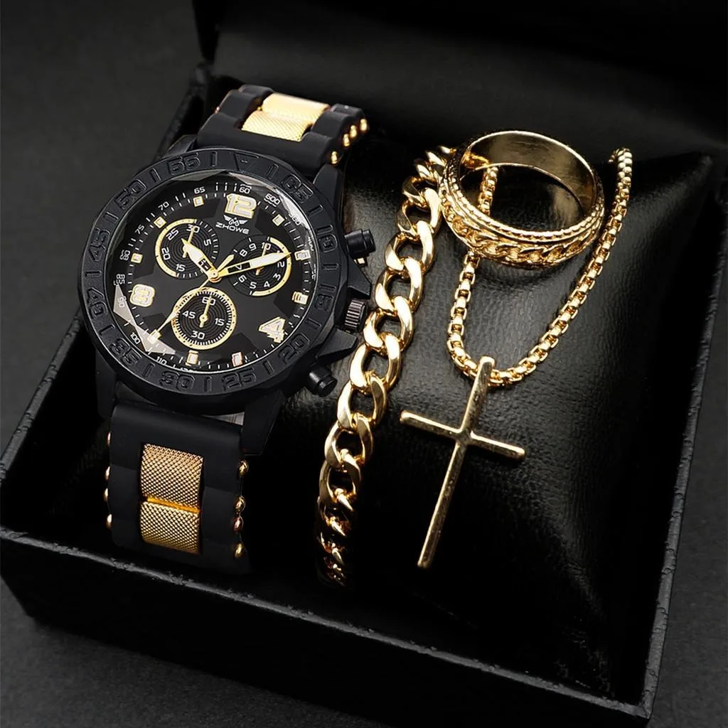 남성용 시계 세트, 패션 캐주얼 고무 3 다이얼 쿼츠 시계, 무료 목걸이 팔찌 반지, 4 개
