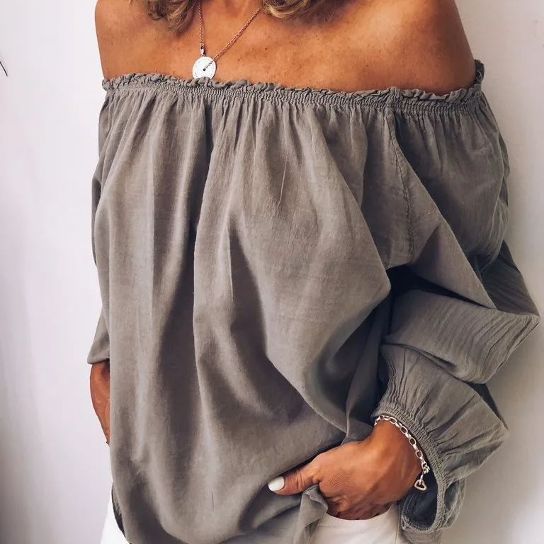 

Spring Autumn Off-shoulder Long Sleeved Solid Blouse Loose Top Women's Casual One Neckline Pleated Elastic Lady's Shirt Tops